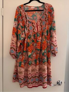 Boho Paisley Long Sleeve Dress in Green and Orange